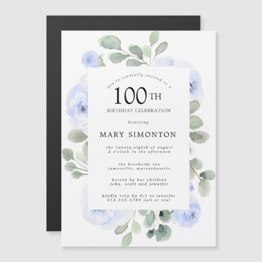 Blauw Roos Floral Eucalyptus 100th Birthday Party Magnetische Uitnodiging (Voorkant / Achterkant)