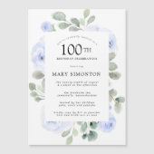 Blauw Roos Floral Eucalyptus 100th Birthday Party Magnetische Uitnodiging (Voorkant)