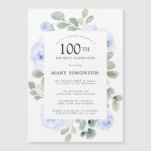 Blauw Roos Floral Eucalyptus 100th Birthday Party Magnetische Uitnodiging (Voorkant)