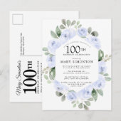 Blauw Roos Floral Eucalyptus 100th Birthday Uitnodiging Briefkaart (Voorkant / Achterkant)