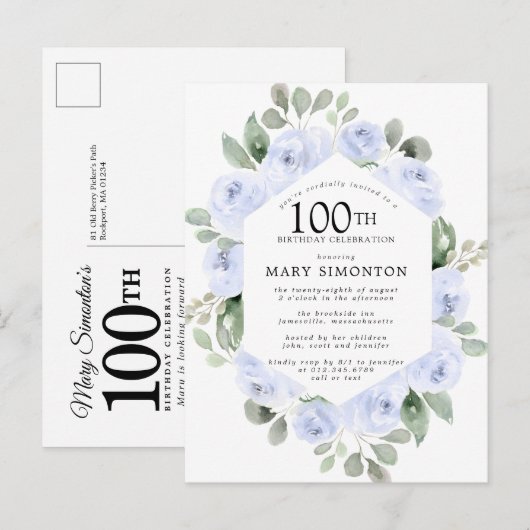 Blauw Roos Floral Eucalyptus 100th Birthday Uitnodiging Briefkaart (Voorkant / Achterkant)