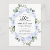 Blauw Roos Floral Eucalyptus 100th Birthday Uitnodiging Briefkaart (Voorkant)