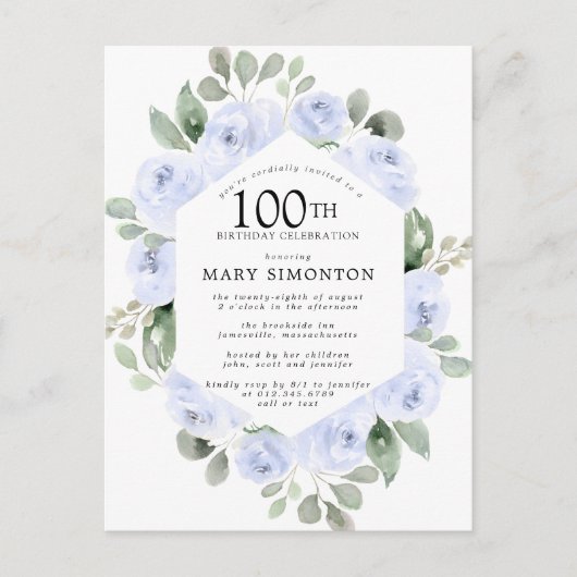 Blauw Roos Floral Eucalyptus 100th Birthday Uitnodiging Briefkaart (Voorkant)