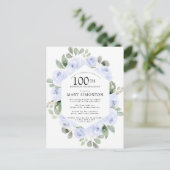 Blauw Roos Floral Eucalyptus 100th Birthday Uitnodiging Briefkaart (Staand voorkant)