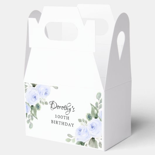 Blauw Roos Floral Green Eucalyptus 100th Birthday Bedankdoosjes (Geopend)