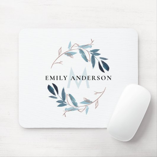 BLAUW ROOS GOLD FOLIAGE WATERVERF WREATH MONOGRAM MUISMAT (Met muis)