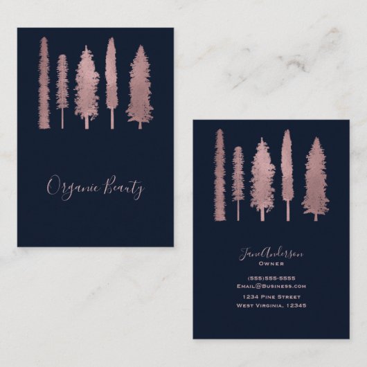Blauw & Roos Goud Roze Bos Bosbomen Rustiek Visitekaartje (Voorkant / Achterkant)