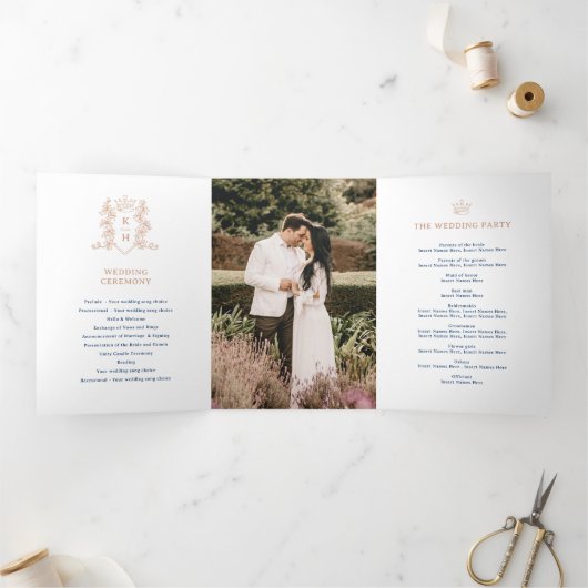 Blauw roos gouden wit foto kroonmonogram bruiloft drieluik programma (Binnen)
