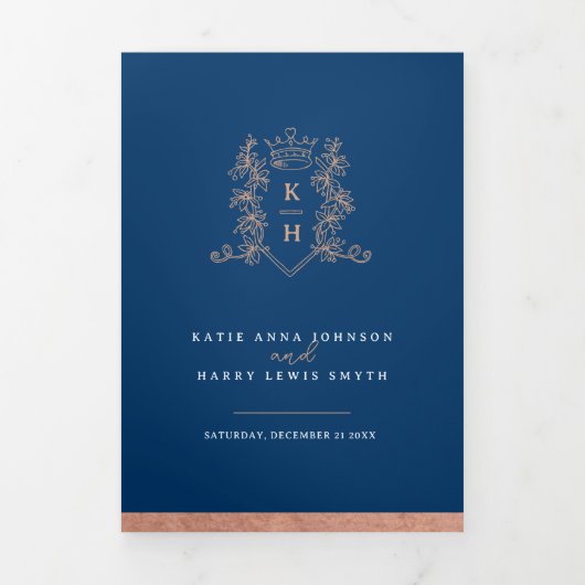Blauw roos gouden wit foto kroonmonogram bruiloft drieluik programma (Cover)