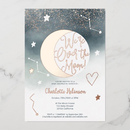 Blauw roos goudglitter over het maan baby shower folie uitnodiging (Voorkant)
