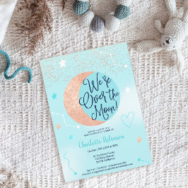 Blauw roos goudglitter over het maan baby shower kaart