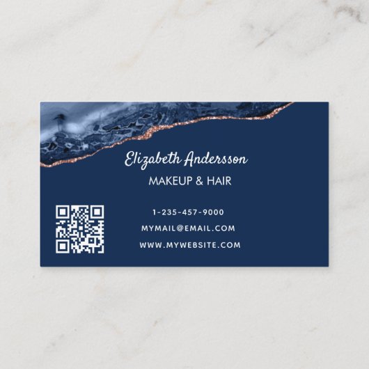 Blauw roos goudmager marmer elegant moderne QR-cod Visitekaartje (Achterkant)