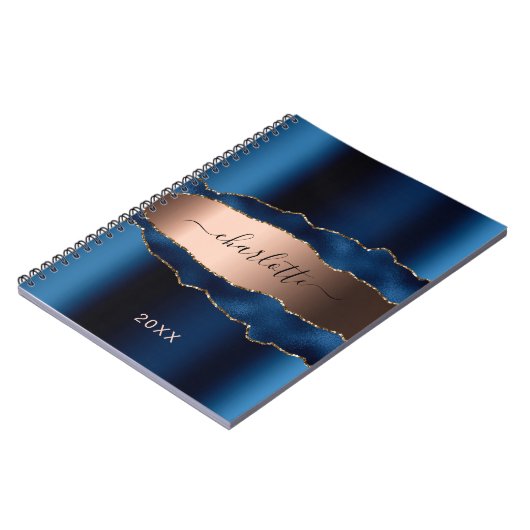 Blauw roos goudmetaal met marmer-naamscript notitieboek (Linkerzijde)