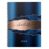 Blauw roos goudmetaal met marmer-naamscript notitieboek (Voorkant)