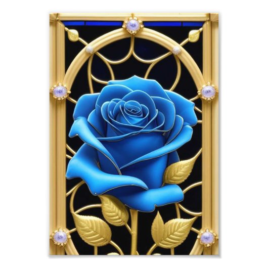 Blauw Roos in Glas in lood Foto Afdruk (Voorkant)