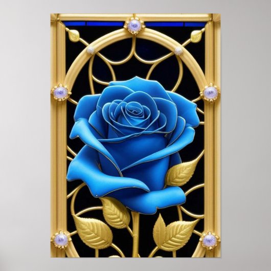 Blauw Roos in Glas in lood Poster (Voorkant)