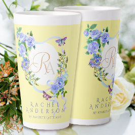 Blauw Roos Lint Chic Monogram Geel Latte Mok