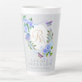 Blauw Roos Lint Chic Monogram Grijs Latte Mok (Voorkant)