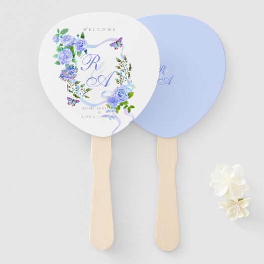 Blauw Roos lint monogram bruiloft Handwaaier (Voorkant en achterkant)