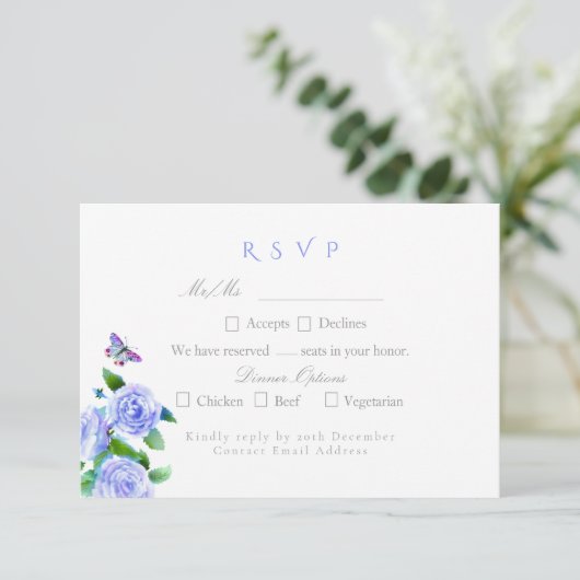 Blauw Roos lint monogram bruiloft RSVP Kaartje (Staand voorkant)