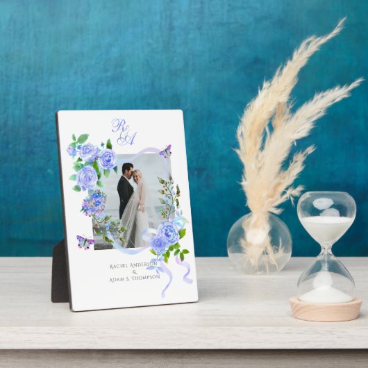 Blauw Roos Lint Monogram Fotobruiloft Fotoplaat (Zijkant)