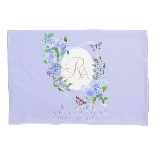 Blauw Roos lint monogram Paarse Kussensloop (Voorkant)