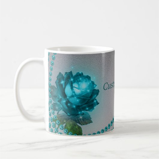 Blauw Roos met Parels Koffie Mok - Pas Tekst aan (Links)