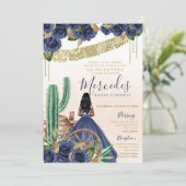 Blauw Roos rustieke Westerne Charro Quinceanera Kaart (Staand voorkant)