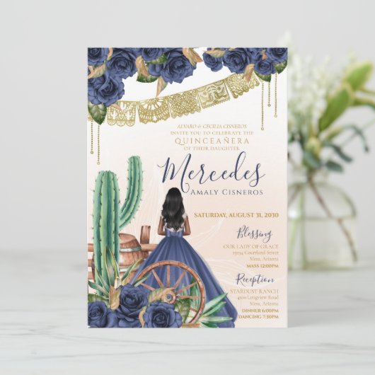 Blauw Roos rustieke Westerne Charro Quinceanera Kaart (Staand voorkant)