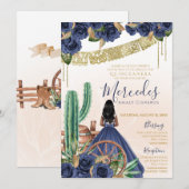 Blauw Roos rustieke Westerne Charro Quinceanera Kaart (Voorkant / Achterkant)
