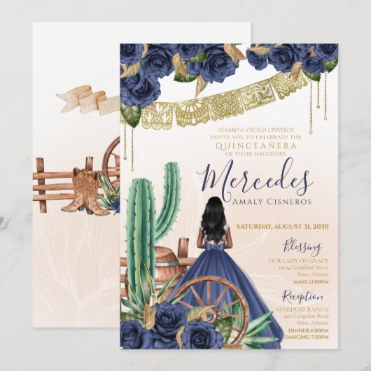 Blauw Roos rustieke Westerne Charro Quinceanera Kaart (Voorkant / Achterkant)