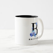 Blauw Roos Waterverf Bloemenletter B Monogram Tweekleurige Koffiemok (Voorkant rechts)
