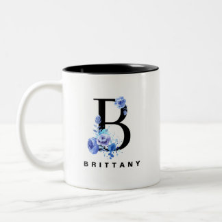 Blauw Roos Waterverf Bloemenletter B Monogram Tweekleurige Koffiemok
