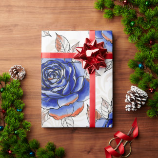 Blauw Roos Waterverf Patroon Inpakpapier
