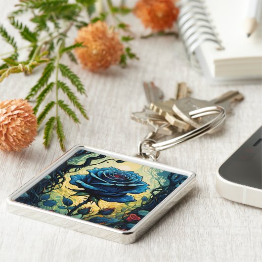 Blauw Roos wijnstokken 1 vierkant Sleutelhanger (Zijkant)