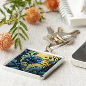 Blauw Roos wijnstokken 2 vierkant Sleutelhanger (Zijkant)