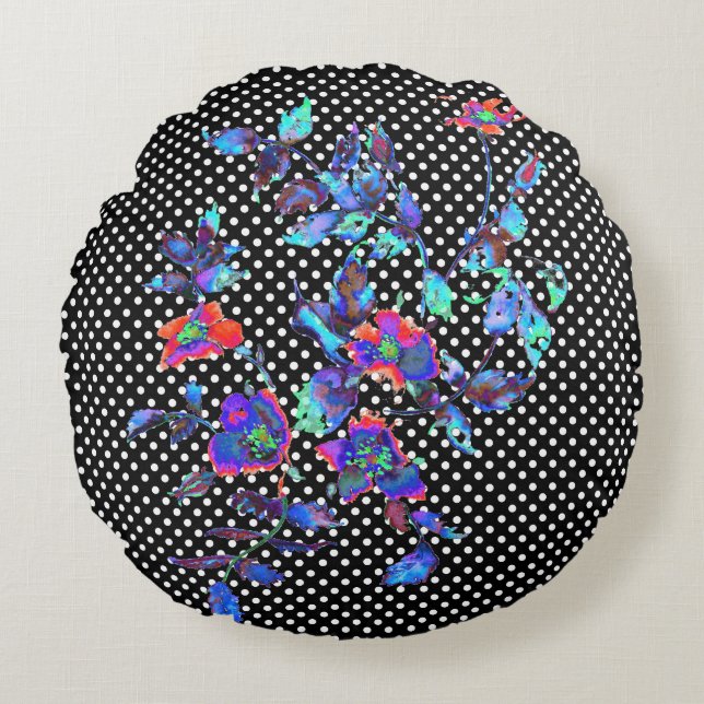  blauw Roos zwart/wit polka-stippen Rond Kussen (Voorkant)