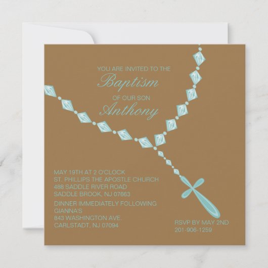 Blauw, Rosary Beads Boys Baptism Invitation Kaart (Voorkant)