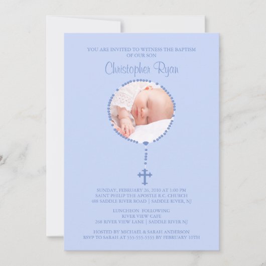 BLAUW Rosary Cross Photo Baptisme Kaart (Voorkant)