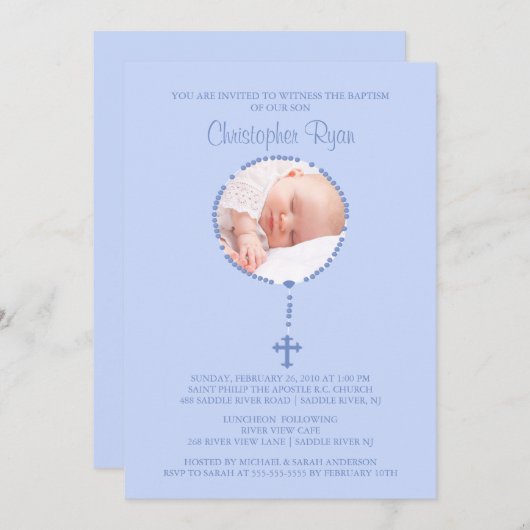 BLAUW Rosary Cross Photo Baptisme Kaart (Voorkant / Achterkant)