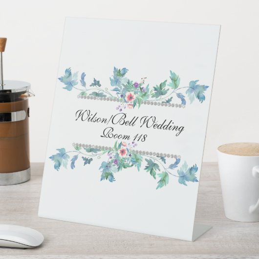 Blauw roze Anemones Diamond Bling Wedding Reclamebord Met Voetstuk (Insitu)