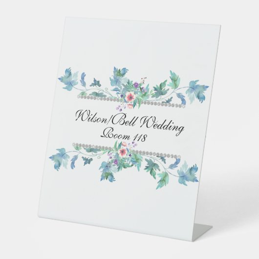 Blauw roze Anemones Diamond Bling Wedding Reclamebord Met Voetstuk (Voorkant)