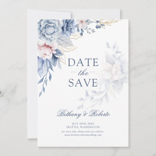 Blauw & Roze Aquarel Bloem Foto Save the Date  (Voorkant)