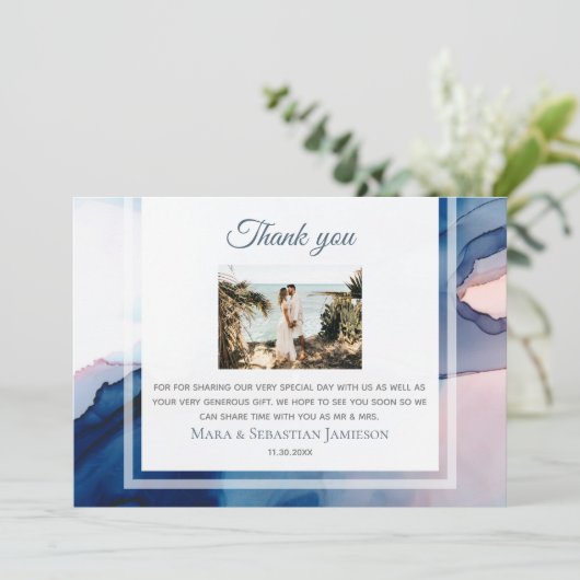 ~ Blauw Roze AR17 Waterverf Elegante Trendy Weddin Bedankkaart (Staand voorkant)