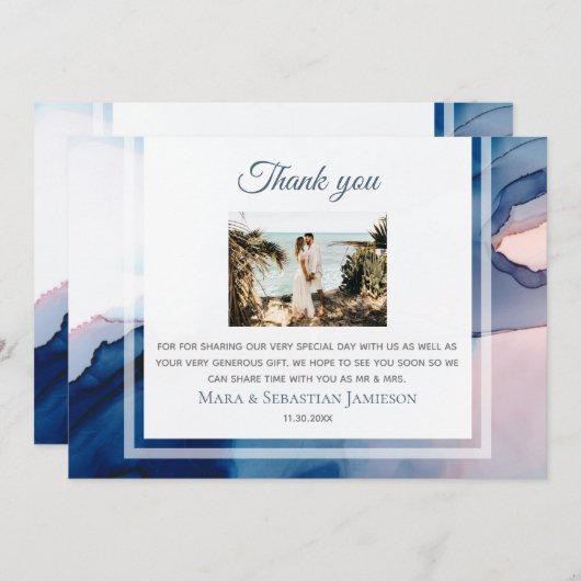 ~ Blauw Roze AR17 Waterverf Elegante Trendy Weddin Bedankkaart (Voorkant / Achterkant)