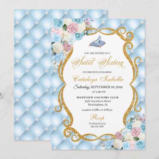 Blauw Roze Assepoester Glas Schoen Prinses Zoet 16 Kaart (Voorkant / Achterkant)