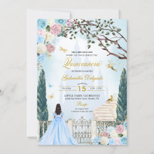 Blauw & Roze Assepoester Magische Tuin Quinceanera Kaart