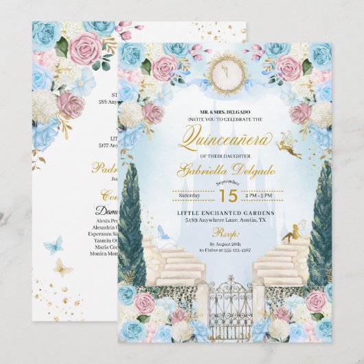 Blauw & Roze Assepoester Prinses Fairy Quinceanera Kaart (Voorkant / Achterkant)