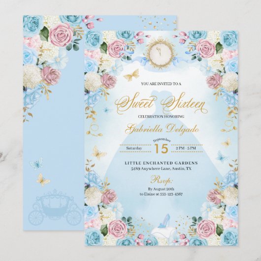 Blauw & Roze Assepoester Prinses Jurk Zoet 16 Kaart (Voorkant / Achterkant)