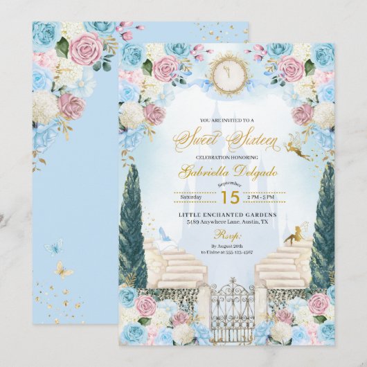 Blauw & Roze Assepoester Prinses Zoet Zestien Kaart (Voorkant / Achterkant)